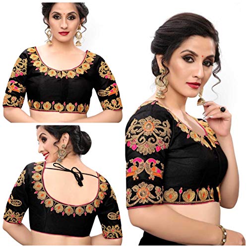 Anantdiva Women's Silk Blouse for Sarees Indian Sari Blouse for Women Readymade - 38 Bust Size Medium (Black)