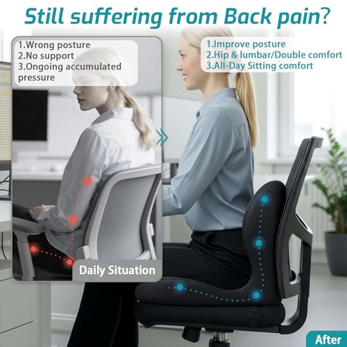 Image of Memory Foam Seat Cushion,Office Chair Cushion with Lumbar Support for Back Pressure Relief, Car Seat Cushion with Adjustable Strap,Sciatica Pad Cushions for Car,Truck, Desk (D-Black)