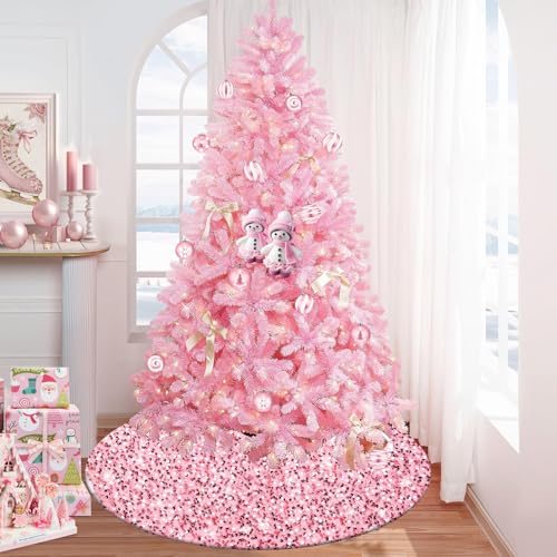 yuboo Pink Christmas Tree Skirt, 36 inches Glitter Candy Mothers Day Tree Skirt Mat Blush Pink Christmas Mothers Day Decor Decorations for Slim Pencil Trees