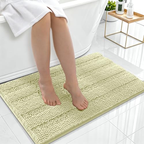Image of Smiry Thick Chenille Bathroom Rugs 36x24, Extra Soft Absorbent Striped Bath Mat, Machine Washable, Rubber Backing, Bath Rugs for Bathroom, Tub & Shower, Modern Home Decor Accessories, Vanilla