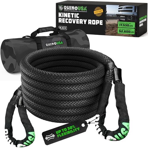 Rhino USA Kinetic Recovery Tow Rope Heavy Duty Offroad Snatch Strap for UTV ATV Truck Car Tractor - Ultimate Elastic Straps Towing Gear - Backed for Life! (1.25 x 30 Black)
