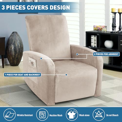 Image of ZNSAYOTX 2026 Velvet Small Recliner Cover 3-Piece, Luxury Plush Recliner Chair Covers with Elastic Band & Ties Stay in Place, Stretch Reclining Slipcover for Lazy Boy Soft Washable (Khaki)