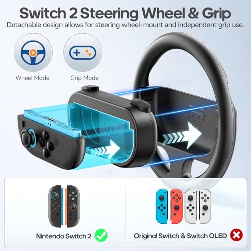 Image of Rysker Steering Wheel & Grip for 2025 Nintendo Switch 2 JoyCon, Joy Con 2 Racing Wheel with Detachable Controller Grip for Mario Kart World 8 Deluxe, Switch Attachment Accessories Kit -2 Packs Black
