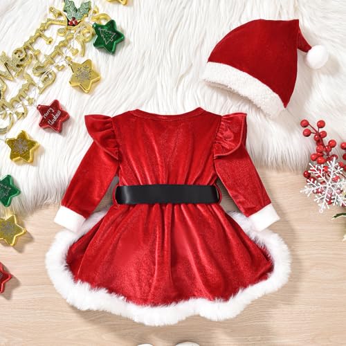 Baby Girl Christmas Dress Red Velvet Romper Dress Terry Trim Long Sleeve Jumpsuit with Santa Hat Infant Xmas Outfit3