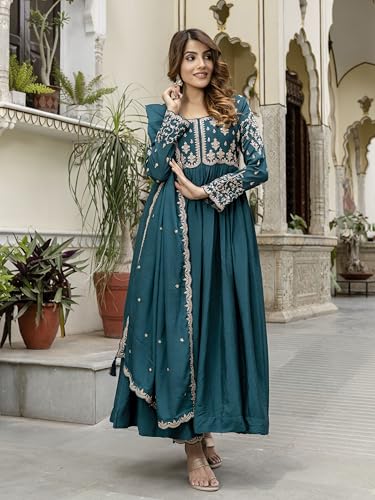 Image of TRENDMALLS Women's Silk Blend Embroidery Sequence Work Anarkali Kurta Pant Set with Dupatta For Women