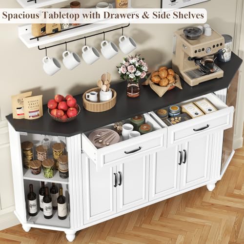 59" Buffet Cabinet with Storage, Solid Wood Legs, Sideboard with Glass Doors, 2 Drawers & 2 Double Doors, Farmhouse Coffee Bar Cabinet with Adjustable Shelf for Living Room, Kitchen, Entryway (White) - Image 5