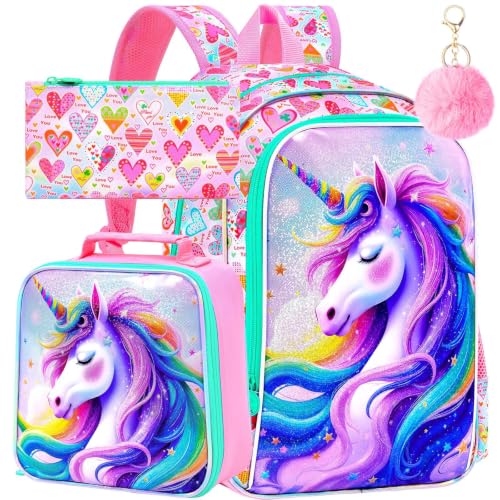 Image of WZLVO 3PCS Kids Backpack for Girls, Unicorn Dinosaur Animal Prechool Elementary Kindergarten School Bookbag with Lunch Box