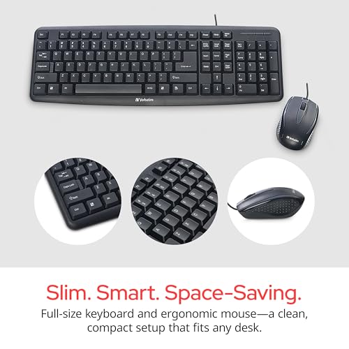 Image of Verbatim Slimline Wired Keyboard and Mouse Combo USB Plug-and-Play Numeric Keypad Adjustable Tilt Legs Optical Corded Mouse Full-Size Computer Keyboard Compatible with PC, Laptop - FFP Packaging Black