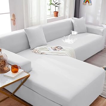Sectional Couch Covers,Waterproof Elastic Sofa Slipcover,L-Shaped Corners Furniture Slipcovers Softness Milk Silk Polyester Fabric Stretch Divan Cover with Pillowcases-White L Shape3 Seater+4 seate