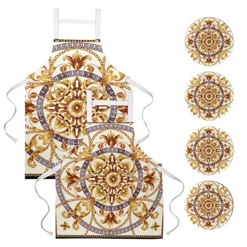 Lot de 2 tabliers de cuisine à motif baroque doré et multicolore taille unique