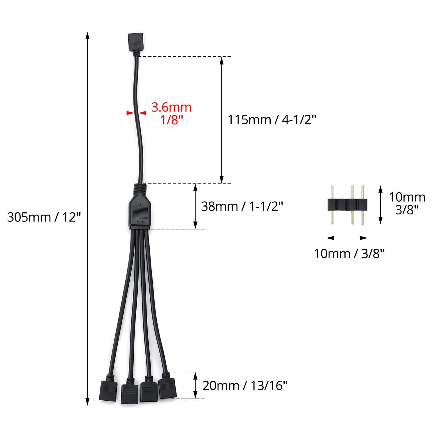 QWORK Kabel rozdzielający ARGB 5 V, 3-pinowy rozdzielacz ArGB; 1 gniazdo na 4 wtyczki 30 cm, do chłodzenia procesora i wentylatora ARGB 5 V