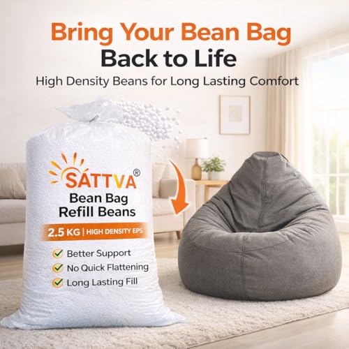 Image of SATTVA Bean Bag Refill Pack 2.5 KG for Bean Bag, Sofa, Pouffes | High Density Beans Fillers for Bean Bags | (White) (Sold only for Bean Bag Refilling Purposes, not to be Used Loose in Any Other Form)