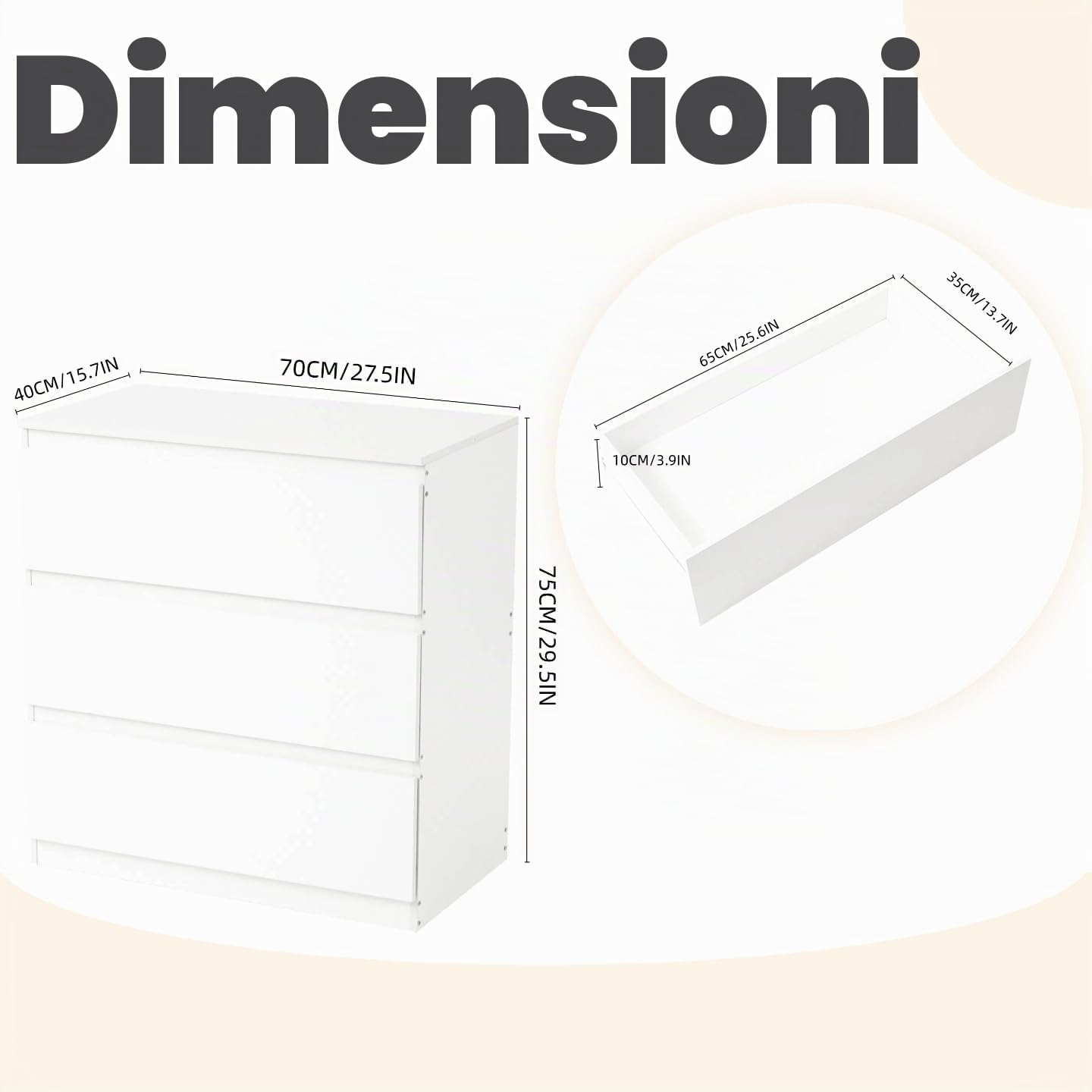 Comò con 3 cassetti, credenza, tavolino, comodino, moderno, stretto, in legno MDF bianco, per camera da letto, soggiorno, cameretta dei bambini, corridoio, bagno e ufficio, 70 x 40 x 75 cm