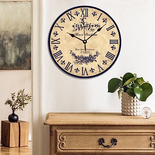 Aroggeld Blue French Toile Wall Clock Vintage Flowers Home Clocks Decor 15 Inch Battery Operated Large Decorative Silent Round Wood Hanging For Bedroom Living Room Clock, One Size #TOP2