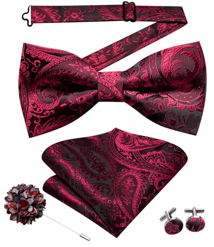 Image of Hi-Tie Bow Tie Men Pre Tied Bowtie Pocket Square Cufflinks Lapel Pin Formal Wedding Bow Ties for Men Party Tuxedo Bowtie Set,Black Red Paisley Floral