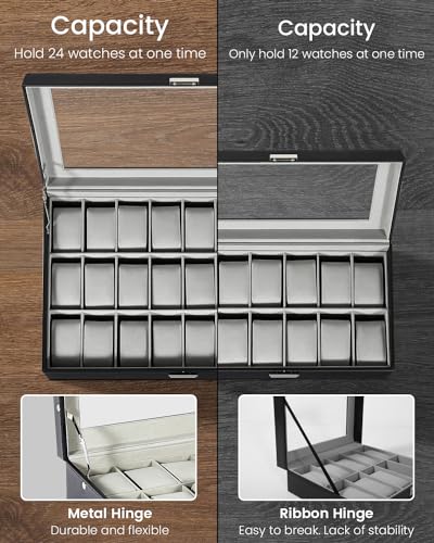 Image of Uten Watch Box 24 Slots with Large Glass Lid, Watch Display Case, Gray | Leather Watch Jewelry Storage Organizer with Lock and Key, Velvety Inner Lining, for Watch to 48mm, Gift for Men and Women