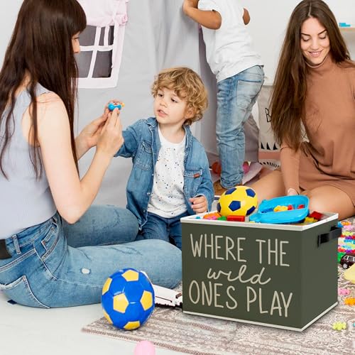 Image of Olive Green Boho Classroom Storage Bins Box with Handles, Where the Wild Ones Play Collapsible Basket Organizer for Kids Playroom Nursery Bedroom Bathroom Books Clothes