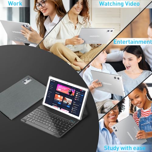 Image of Android 14 Tablet, 10 inch Tablets with Keyboard, Case, 64GB ROM, 8GB RAM(TF 1TB Expand), Octa-Core Processor, 13MP Dual Camera, WiFi 6, 1280x800 IPS HD Touch Screen, BT 5.0,GPS 7000mAh Battery-Silver