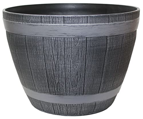 Muddy Hands Grey Wooden Barrel Effect Plant Pot Round Plastic Planter Outdoor Garden Flower Tree Herb Water Feature (Single - Small Ø 28cm)