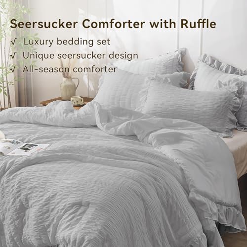 JOLLYVOGUE Light Grey Twin Size Comforter Set, 2 Pieces Seersucker Lightweight Fluffy Bedding Set, Twin Ruffle Comforter, All Season Soft Microfiber Shabby Chic Bed Set