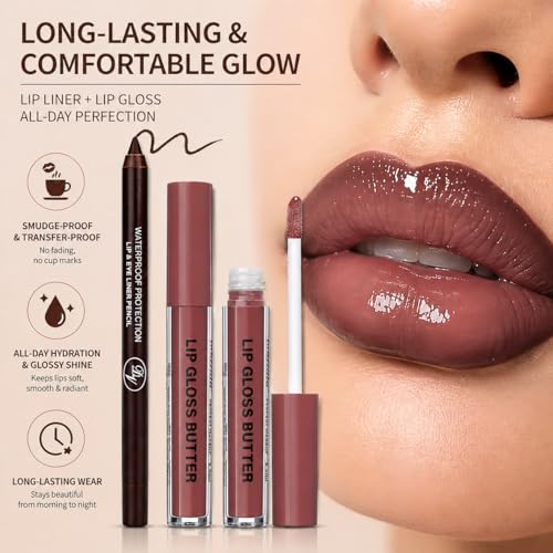 Image of BAISEN DIARY 2PCS Lip Gloss with Brown Lip Liner Lip Combo Set, Romantic Mauve Rose Shade for Soft Nude Pink Lips, Lip Plumping Effect, High Shine Juicy Gloss, Over Lip Makeup for Fuller Looking Lips