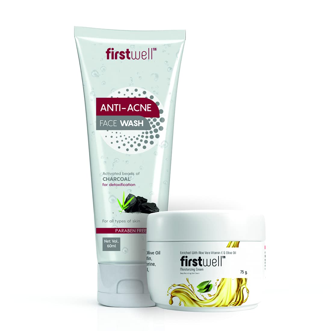 Firstwell Skin Care Combo | Activated Charcoal face wash Brightening Cleanser Moisturizing Cream Enriched with Aloevera & Anti-Acne Facewash for Glowing Skin