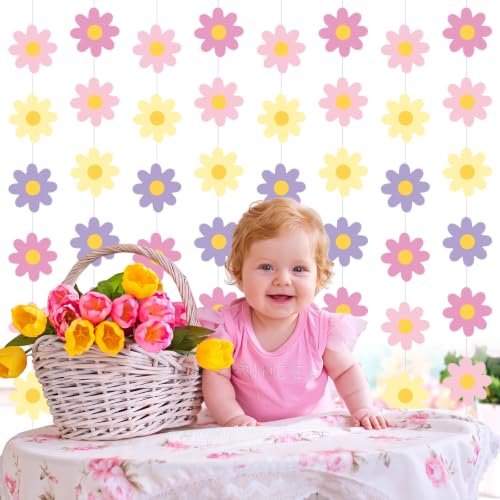 Image of Pasimy 8 Pcs Daisy Boho Party Decorations Groovy Daisy Paper Garlands White Flower Hanging Garland Banner Hippie Flower Cutouts for Birthday Shower Wedding Party Favor Supplies (Fresh,Pastel Pink)