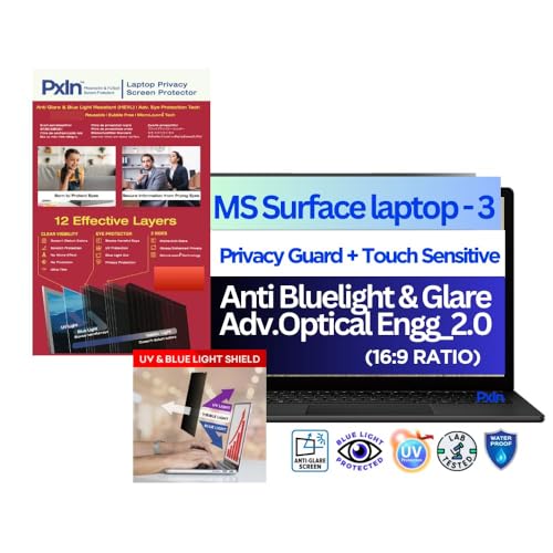 Image of Pxin MS Surface Laptop 6 /5 /4 /3 /2 /1-15 Inch Privacy Screen Filter - NO Eye Strain | Anti-Blue Light + Anti-Glare | No Dry Eyes | Privacy Screen Protector | Touch Screen Enabled
