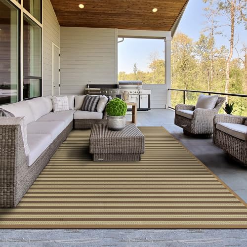 Image of GENIMO Outdoor Rug, Waterproof Plastic Rugs for Patio, 6'x9' Brown Greige | Outside Larger Modern Carpet Mat for Porch Decor, Deck, Balcony, Camping, RV, Backyard, Picnic, Beach, Reversible, Foldable