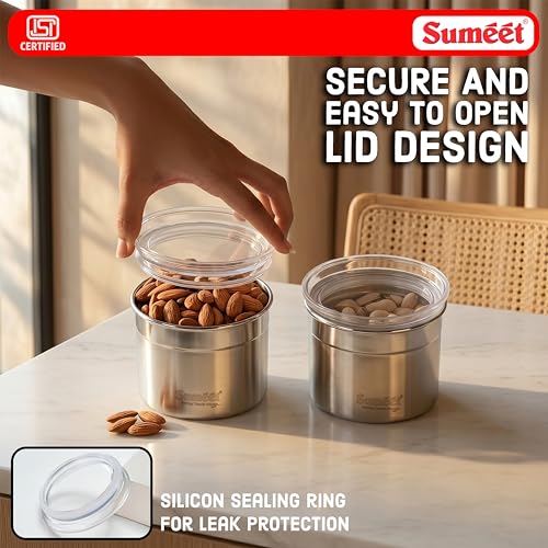 Image of Sumeet ISI Certified Stainless Steel Small Canisters /Dabba /Storage Containers for Kitchen with See Through Air Tight Lid - Set of 2 Pcs - 550ml, 10cm Dia, Silver