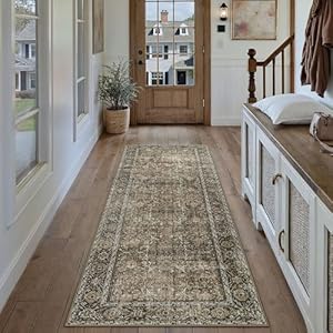 PureCozy Brown Runner Rug 2x5 Vintage Area Carpet Hallway Indoor Kitchen Washable Living Room Low Pile Traditional Distressed Retro Accent Throw Rug Non Slip for Laundry Bathroom Office Dini