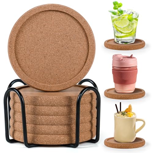Cork Coasters for Drinks Set of 6 with Holder 4 in Diameter