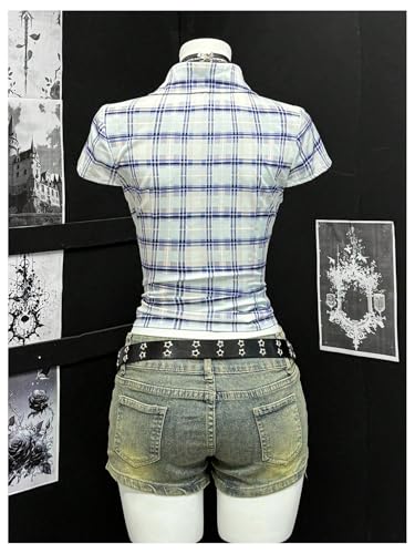 SweatyRocks Women's Y2K Button Down Shirt Plaid Print Short Sleeve Slim Fit Ruched Vintage Blouse2