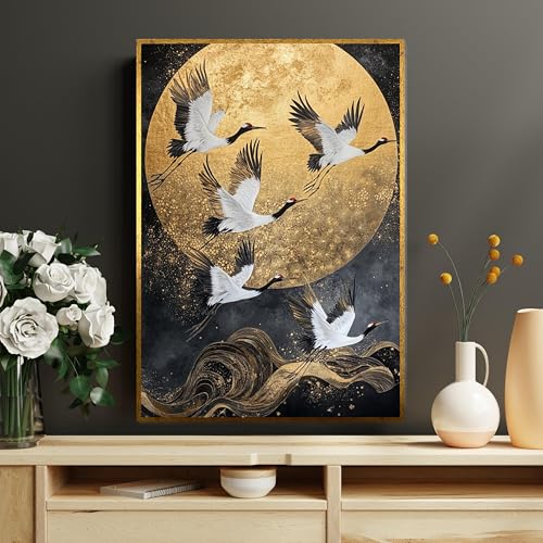 Affiches et estampes de grues dorées haut de gamme, tableau d'art mural avec cadre intérieur