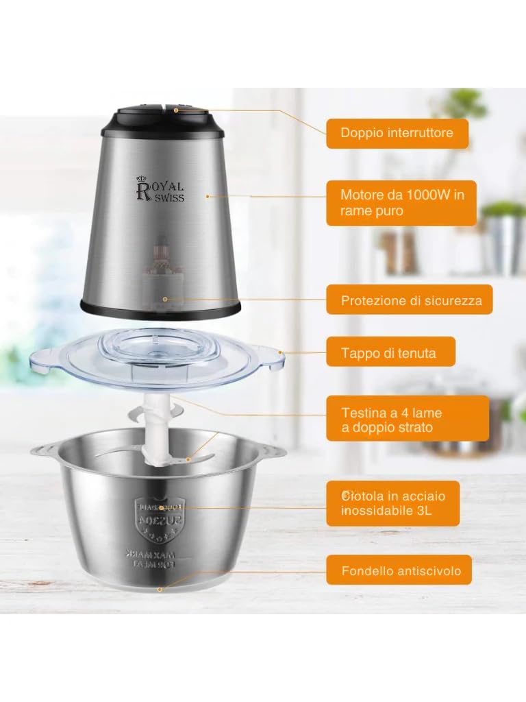Royal Swiss Tritatutto Elettrico, 3L, 500W, Acciaio Inox, 4 Lame, 2 velocità, Robusto e Durevole Per tutti i tipi di utilizzo (5L)