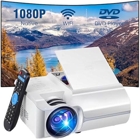 Projector with WiFi and Bluetooth,Native 1080P Projector with 9200 Lumens,Mini Projector Built in DVD Player/HiFi Speaker,Home Video Projector Compatible with TV Stick/USB/AV/HDMI/Smartphone Cover