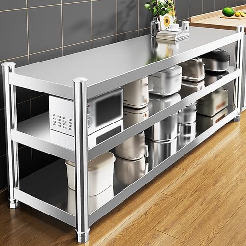 Stainless Steel Prep Table, 3-Tier Metal Work Table, Kitchen Island with Workspace, Dining Side Storage, Bakers Rack for Home and Commercial Use