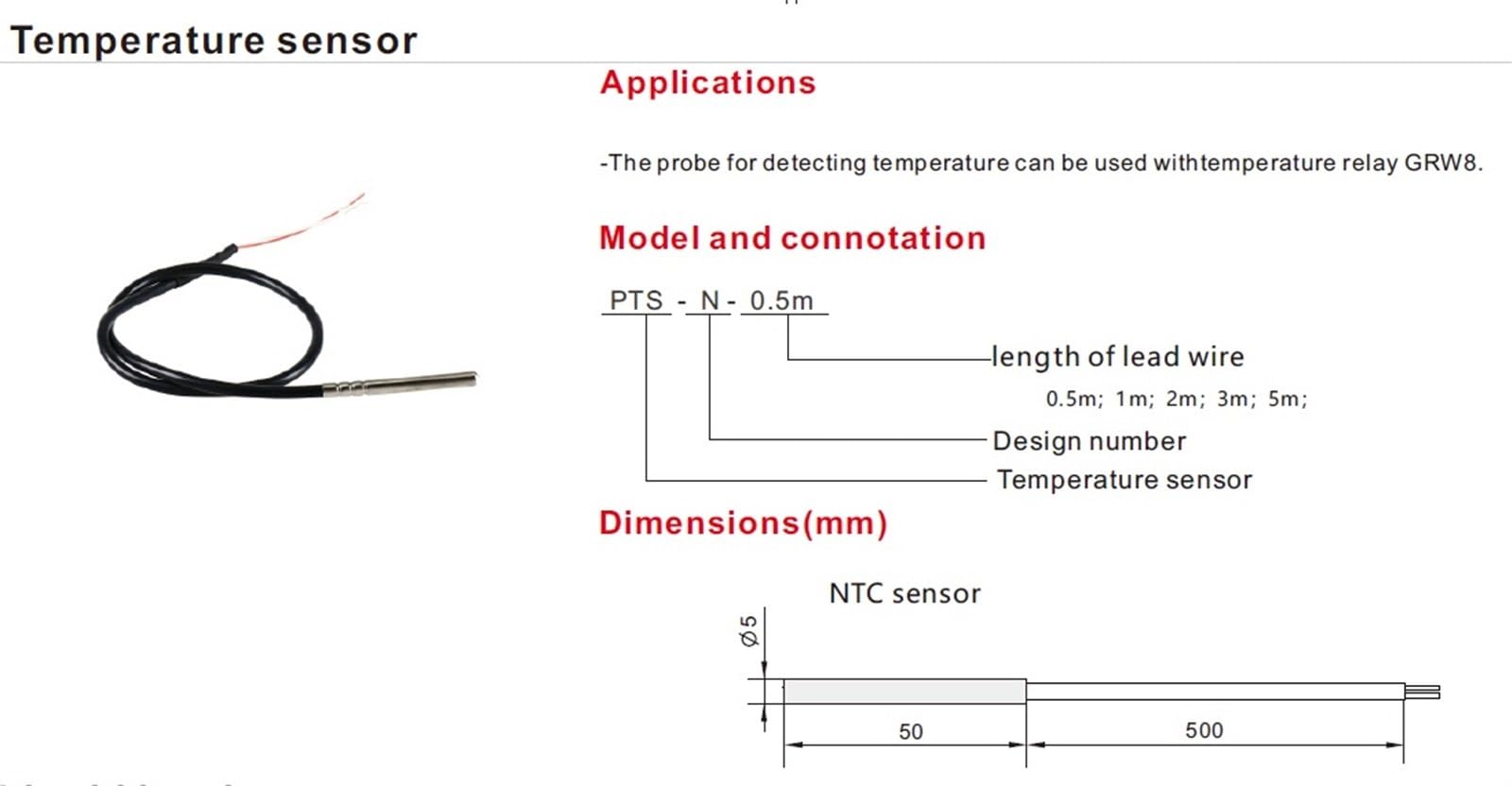 Sensore NTC Sonda di rilevamento temperatura Sensore impermeabile for relè di temperatura GRW8 Solo sensore 0,5 m 1 m 2 m 3 m 5 m (Size : 1m sensor)