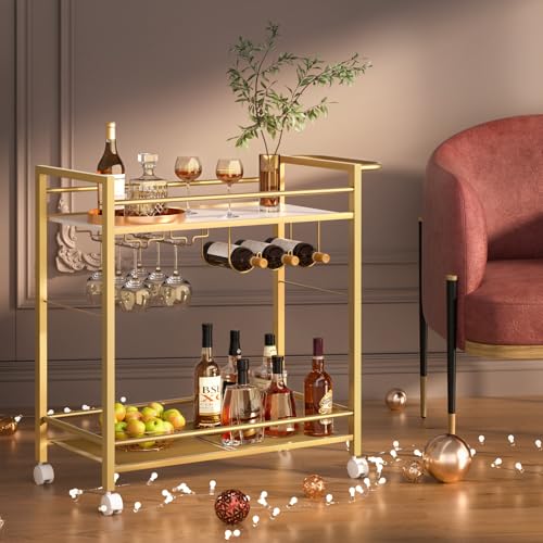 Image of Joaxswe Bar Cart w /Wheels,Home Bar Serving Cart w /Storage Shelves,Gold | 2 Tier Rolling Beverage Cart,Modern Wine Cart w / Wine Rack and Glass Holder for Kitchen, Living Room,Dinning Room