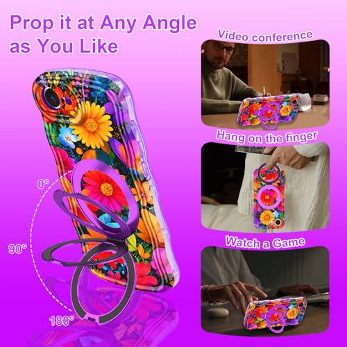 Meshine for iPhone 17e Case/iPhone 16e Case with Magnetic Stand,[Compatible with MagSafe] Wave Frame Cute Flower Design Shockproof Drop Protective Women Girls Cover for iPhone 17e,All Purple Flower - image 6