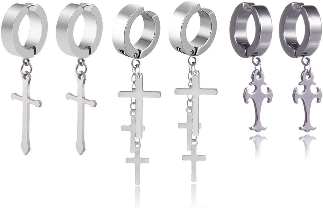 Non-pierced Earrings Set for Men Women Cross Titanium Steel Hoop Dangle Clip On Earring
