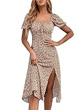 SPRIME Women's Floral Summer Casual Dress Square Neck Puff Sleeve Boho Midi Dresses Ruched Bust High Waist Split Long Dress (as1, Alpha, l, Regular, Regular, Khaki_Floral)