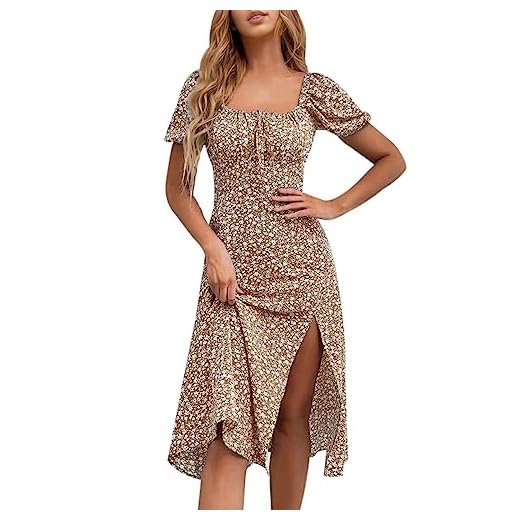 SPRIME Women's Floral Summer Casual Dress Square Neck Puff Sleeve Boho Midi Dresses Ruched Bust High Waist Split Long Dress