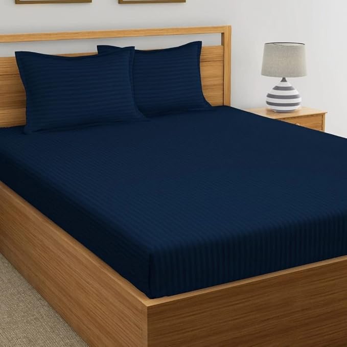 My Room Premium 300 Thread Count 100% Cotton King Fitted Bedsheet with 2 Pillow Covers, Luxury Self Striped Satin Thick Elastic Bedsheet (72? x 78? or 6ft x6.5ft)