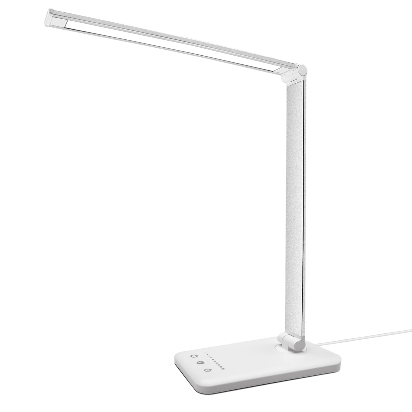 LED-Schreibtischlampe mit USB-Ladeanschluss, 5 Farbmodi, 10 dimmbare Helligkeitsstufen, augenschonendes Leselicht, Touch-Steuerung und 30/60-min-Auto-Timer, Silber
