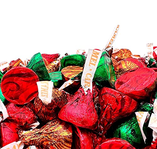 Hershey's Kisses Caramel Milk Chocolate Mix Gold, Green, Red Foil - 2 Lbs Pounds Sealed In A Tundras Bag #TOP2
