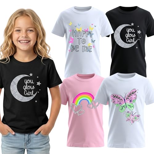 Image of MISS POPULAR Girls 4-Pack Super Soft Short Sleeve T-Shirts Rainbow Butterfly Glitter Print Cute Design| Sizes 7-16