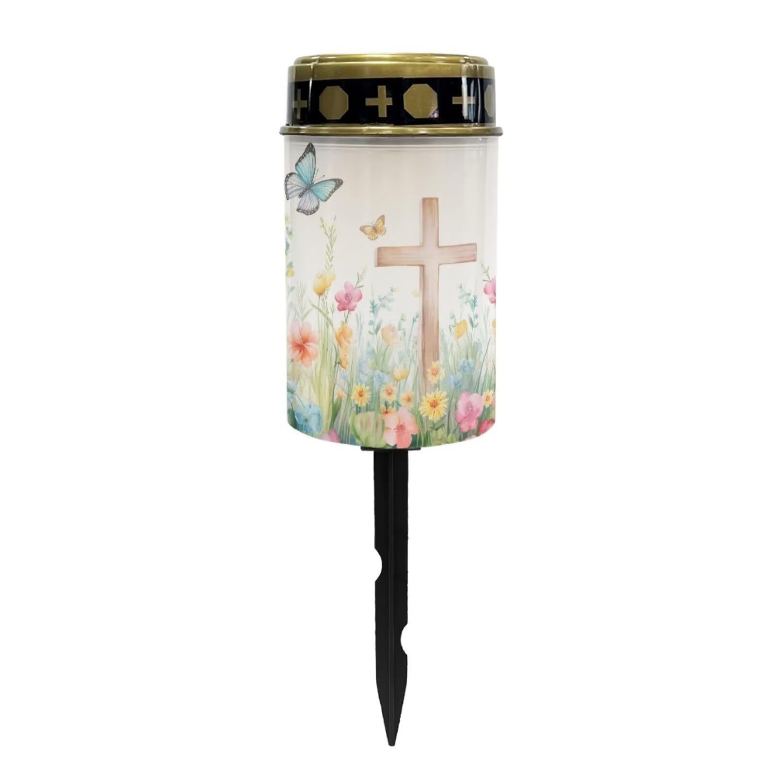 Poceacles Cross Solar Powered Memorial Light for Cemetery - Waterproof Landscape Outdoor Light for Yard, Patio, Lawn, Home Decor - Cross Butterfly Floral Design