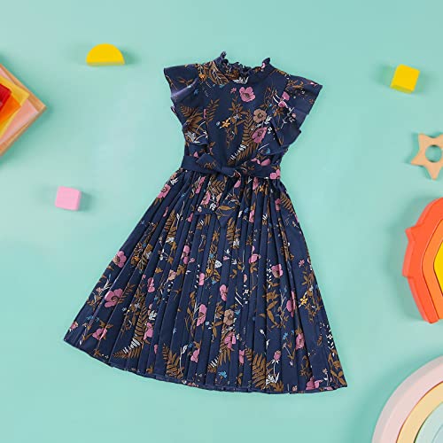 Kids Girls Floral Dress Boho Ruffle Sleeve Pleated Casual Swing Dresses Vintage Print Girls Summer (Blue, 8-9Years)4