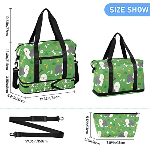 susiyo Green Old English Sheepdog Duffle Bag for Wet Dry Shoe Pocket Gym Yoga Bag Durable Compression Straps & Handles Weekender Overnight Bag for Travel Sports Women Men3